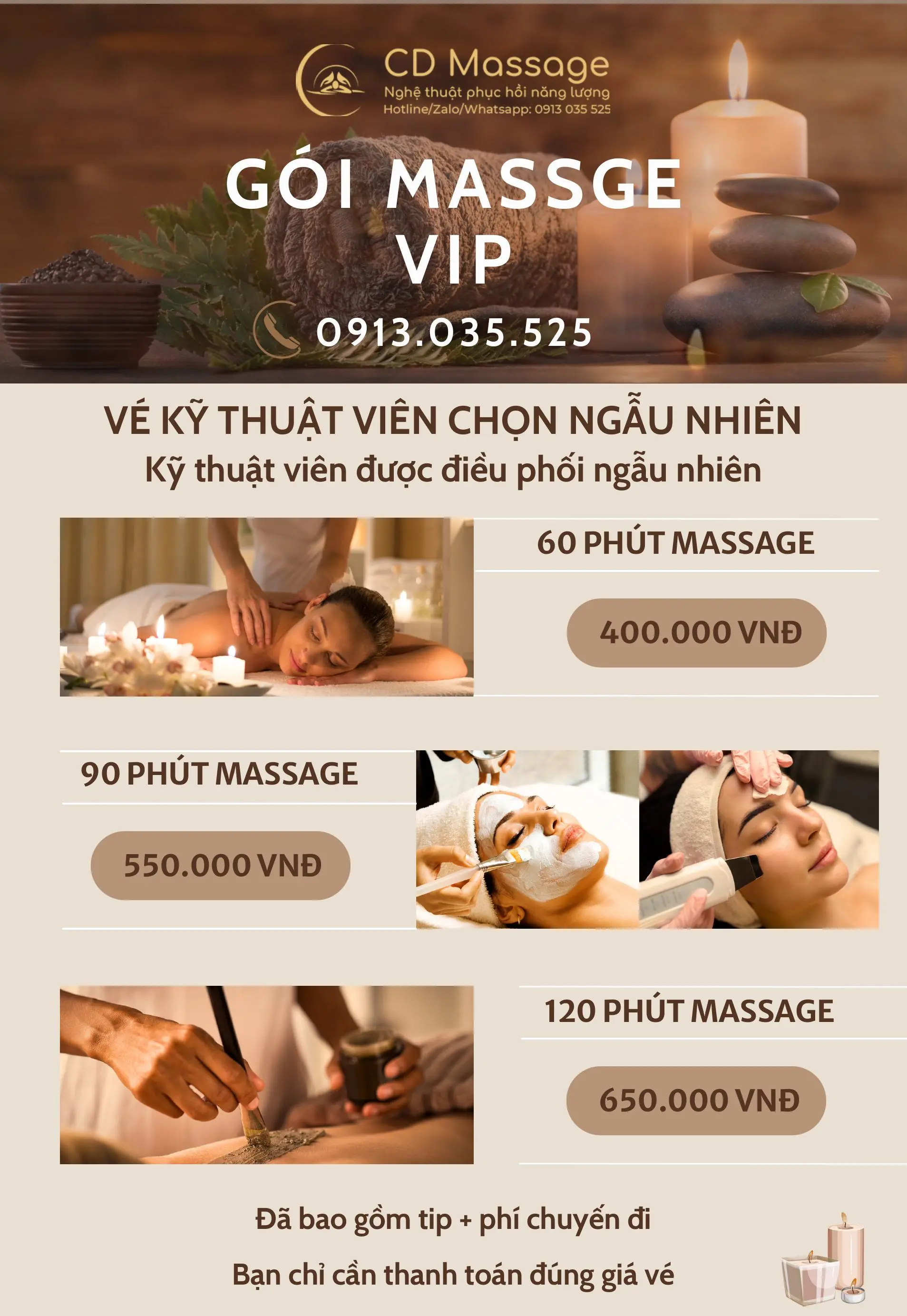 Bảng giá cước phí dịch vụ thư giãn tận nhà quận 7 hiển thị rõ ràng các gói từ sáu mươi đến một trăm hai mươi phút