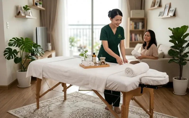 Kh&ocirc;ng gian chuẩn bị cho buổi massage giảm stress tại nh&agrave;