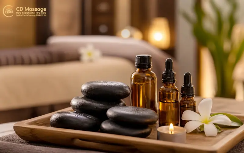Bộ dụng cụ massage gồm đ&aacute; n&oacute;ng v&agrave; tinh dầu thảo mộc đặt tr&ecirc;n khay gỗ