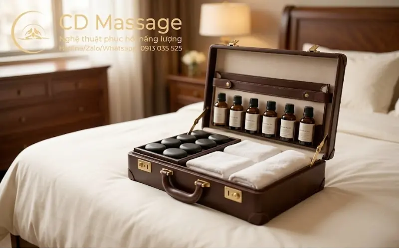 Bộ dụng cụ tiêu chuẩn cho dịch vụ Review massage tại nhà HCM của CD MASSAGE