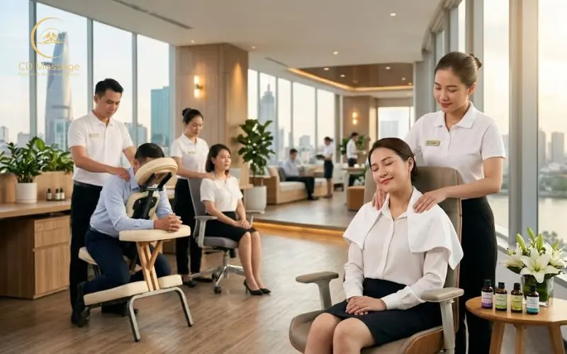 Kỹ thuật viên thực hiện massage tận nơi cho văn phòng
