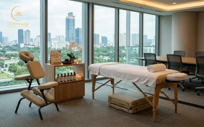 Không gian setup dịch vụ massage tận nơi cho văn phòng