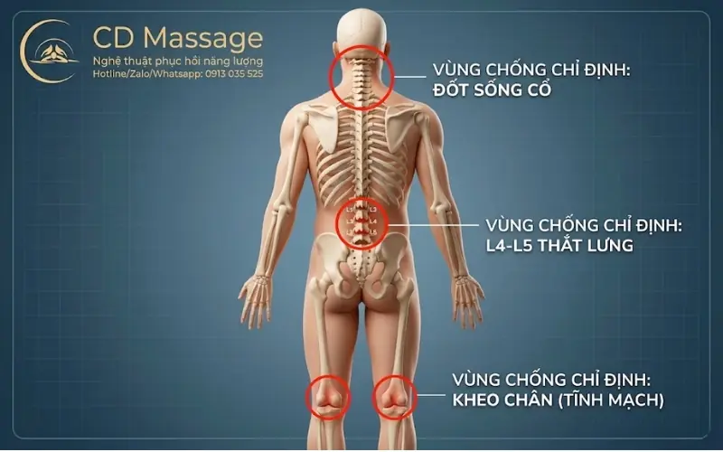Bản đồ định vị các khu vực chống chỉ định ngoại lực trên cơ thể.